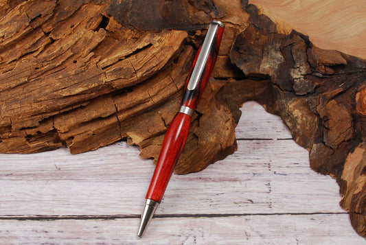 Slimline Ball Point Pen - Silver with Red and Black Resin Barrell