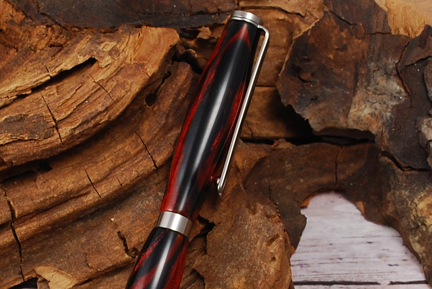 Slimline Ball Point Pen - Silver with Red and Black Resin Barrell