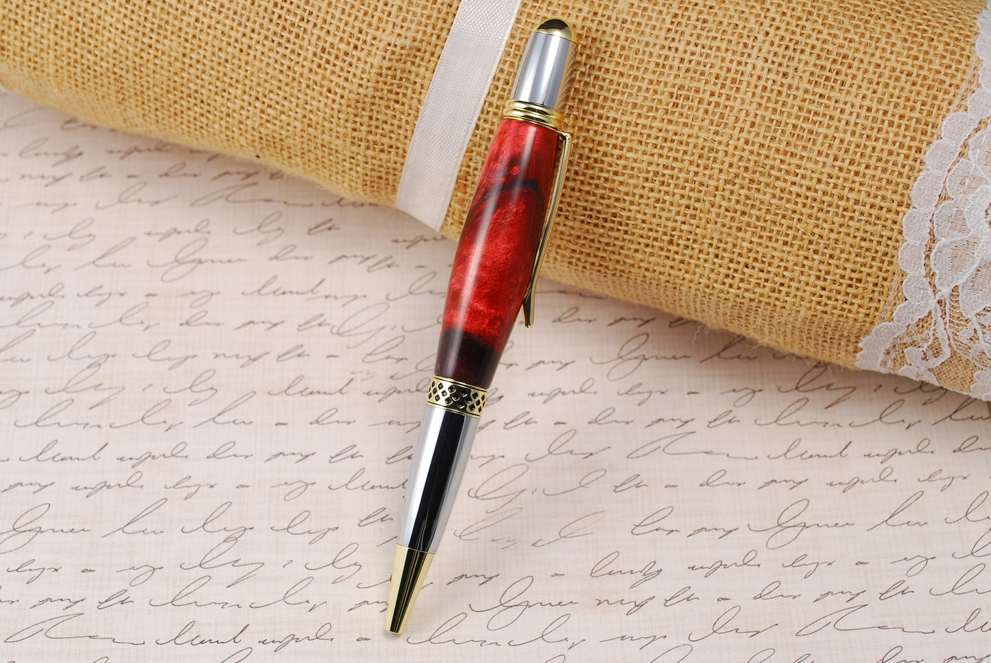 Mesa Ball Point Pen - Gold &Chrome with Ruby Red and Black Resin Barrell