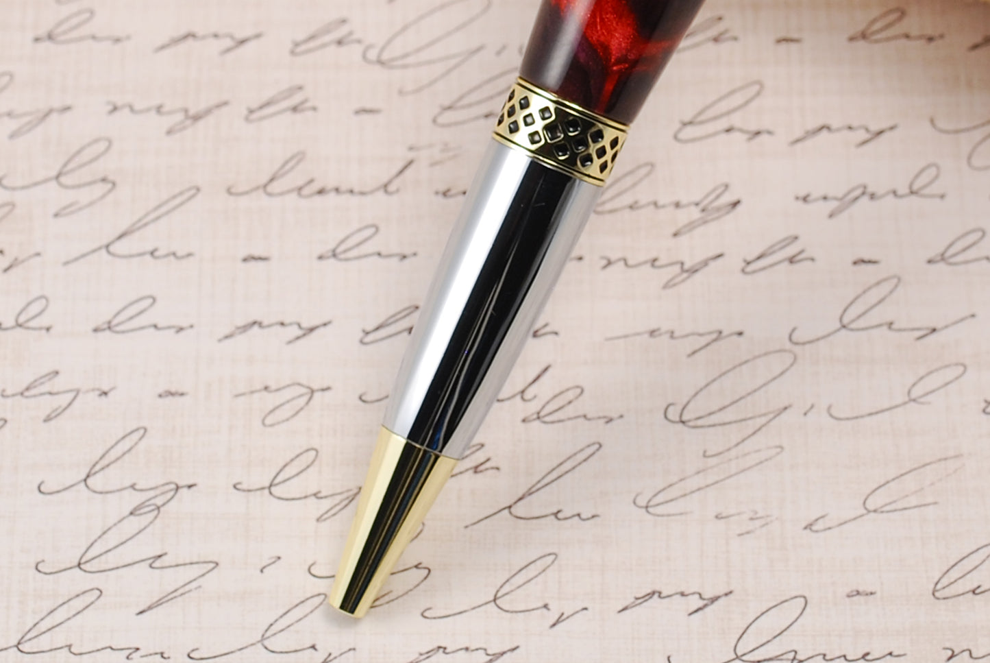 Mesa Ball Point Pen - Gold &Chrome with Ruby Red and Black Resin Barrell