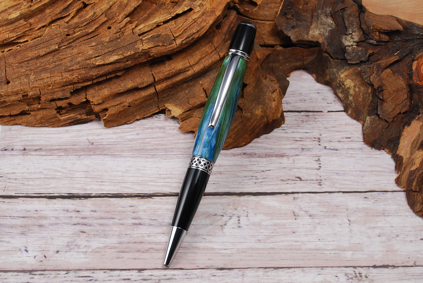 Mesa Ball Point Pen - Chrome with Blue Green Resin Barrell