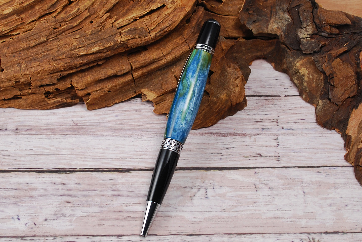 Mesa Ball Point Pen - Chrome with Blue Green Resin Barrell